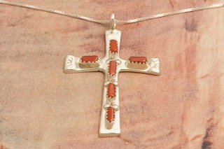 Zuni Indian Jewelry Genuine Coral Sterling Silver Cross Pendant